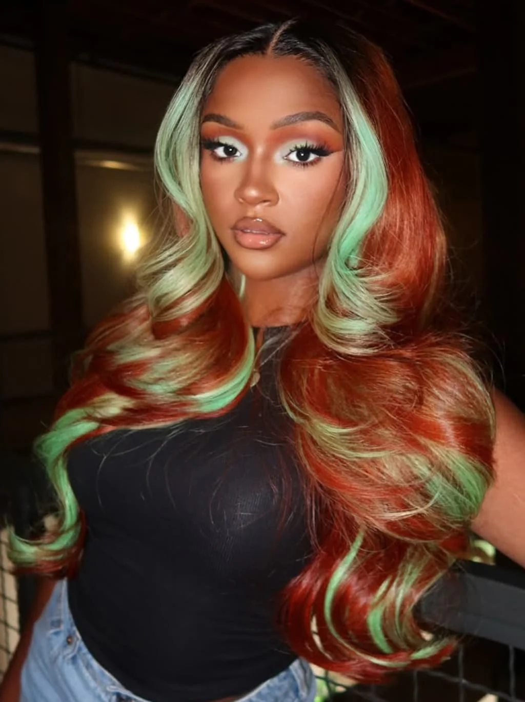 Dorsanee Copper Red Brown With Pastel Green Skunk Stripe Highlight Streaks 13x4 Lace Front Human Hair Wigs 200 Density - Image 2