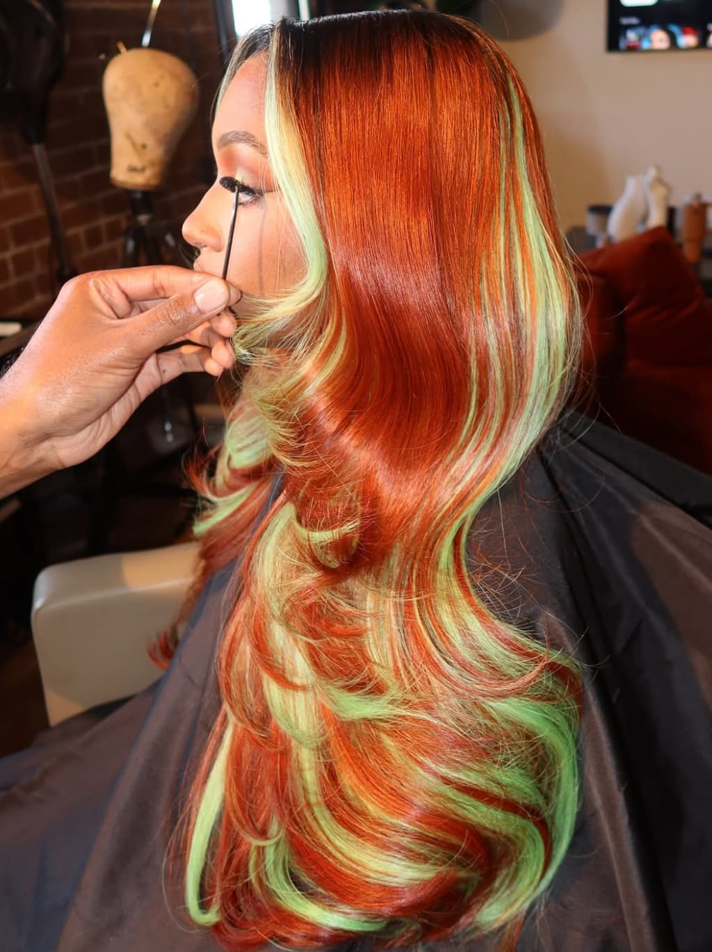 Dorsanee Copper Red Brown With Pastel Green Skunk Stripe Highlight Streaks 13x4 Lace Front Human Hair Wigs 200 Density - Image 3