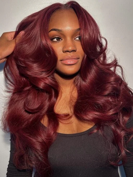 Dorsanee Halloween Cosplay 99J Burgundy Red Curtain Bangs 13x4 Lace Front Human Hair Wigs - Image 4