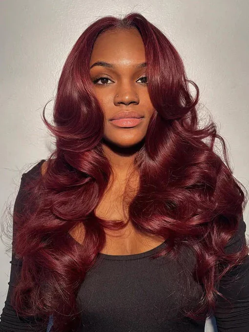 Dorsanee Halloween Cosplay 99J Burgundy Red Curtain Bangs 13x4 Lace Front Human Hair Wigs - Image 5