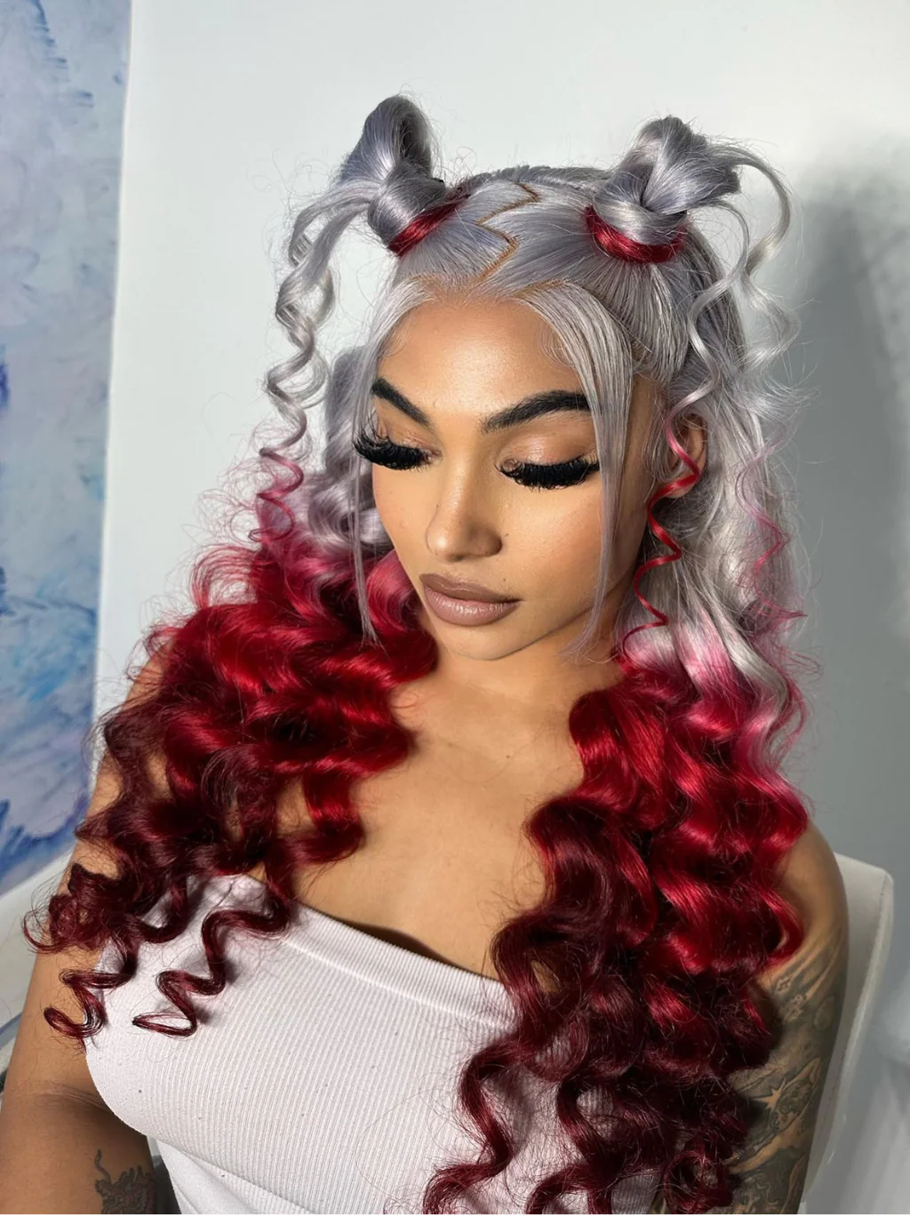 Dorsanee Halloween Cosplay Reverse Ombre Grey Red Burgundy 13x4 Lace Front Human Hair Wigs - Image 4
