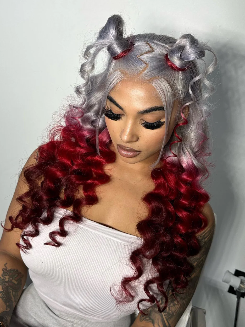 Dorsanee Halloween Cosplay Reverse Ombre Grey Red Burgundy 13x4 Lace Front Human Hair Wigs - Image 5