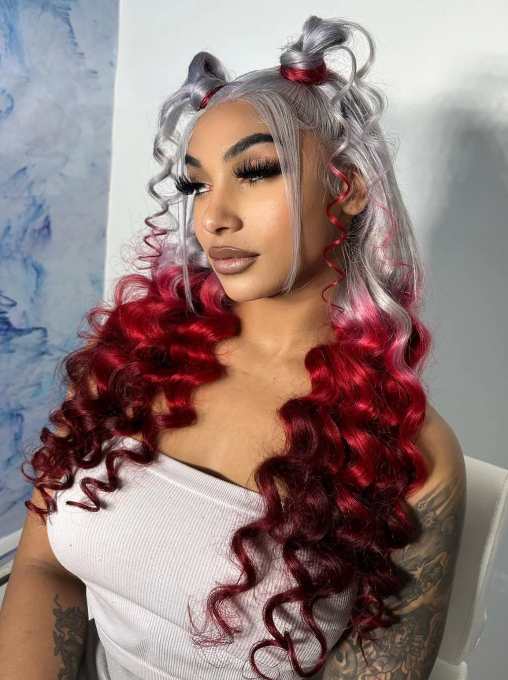 Dorsanee Halloween Cosplay Reverse Ombre Grey Red Burgundy 13x4 Lace Front Human Hair Wigs - Image 6