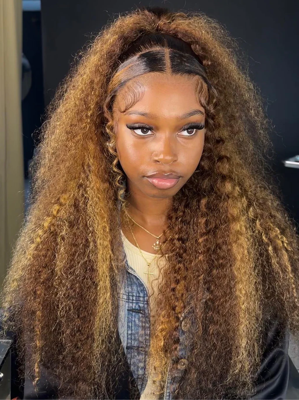Dorsanee 250 Density Honey Blonde Brown Highlight Crimped Deep Wave Curly 13x4 Lace Front Human Hair Wigs - Image 4