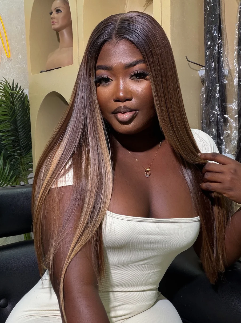 Dorsanee Dark Chocolate Brown with Honey Caramel Blonde Highlights 13x4 Lace Front Virgin Human Hair Wig - Image 3
