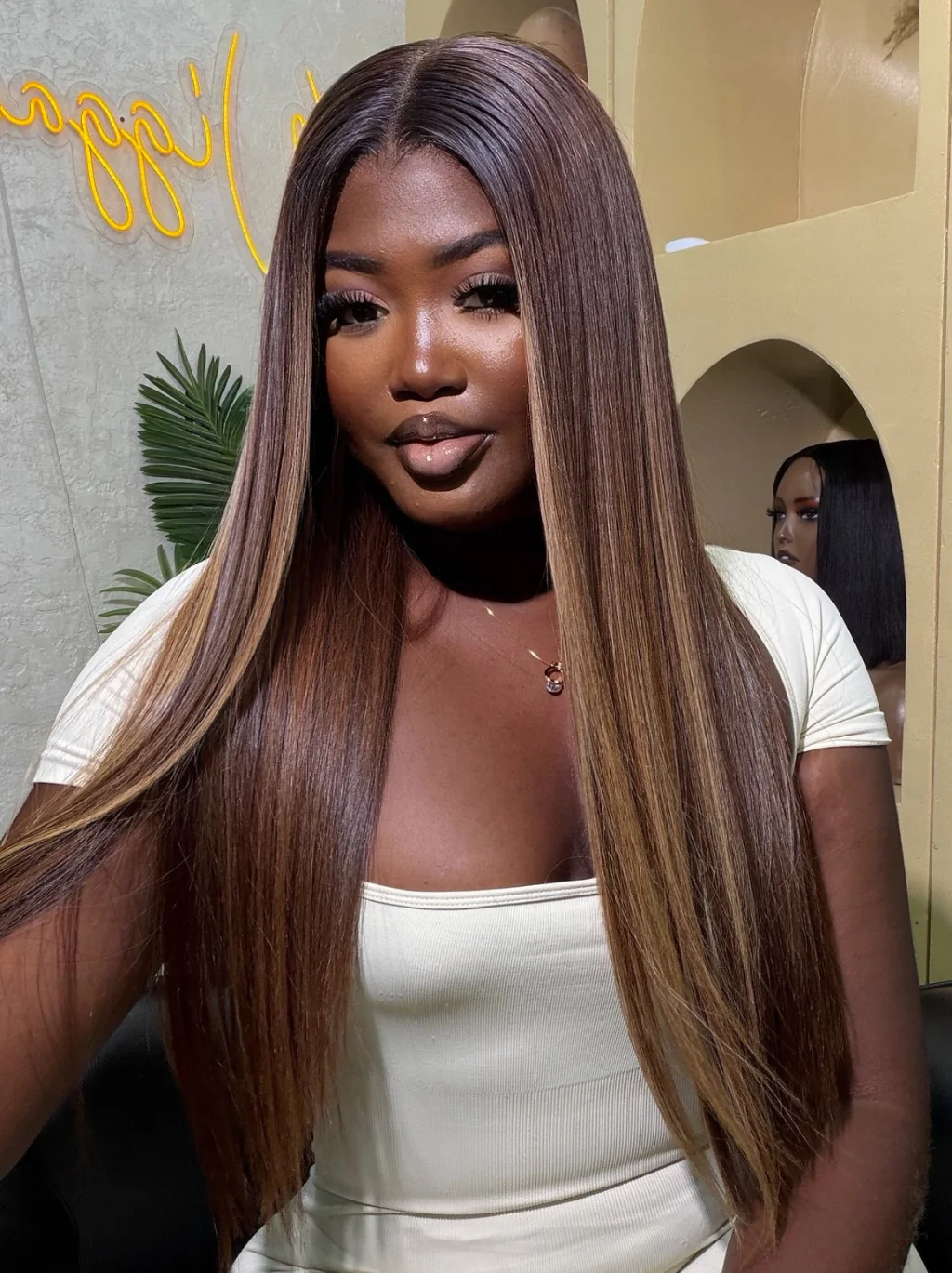 Dorsanee Dark Chocolate Brown with Honey Caramel Blonde Highlights 13x4 Lace Front Virgin Human Hair Wig - Image 5