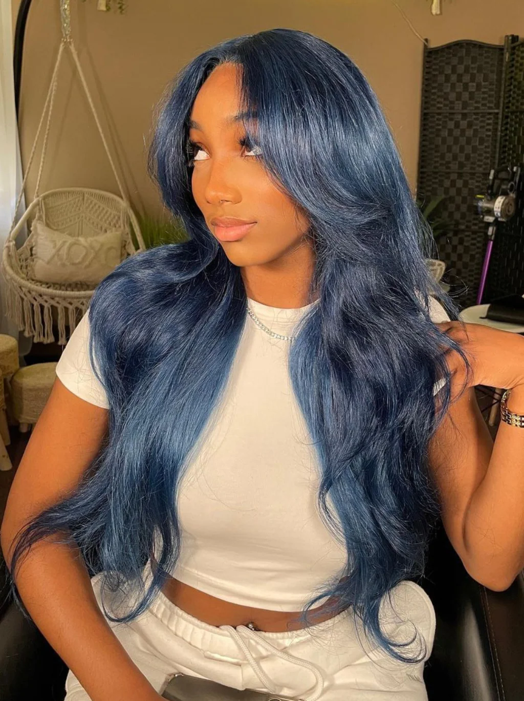 Dorsanee Deep Royal Blue Curtain Bangs 13x4 HD Lace Front Body Wave Human Hair Wigs - Image 3