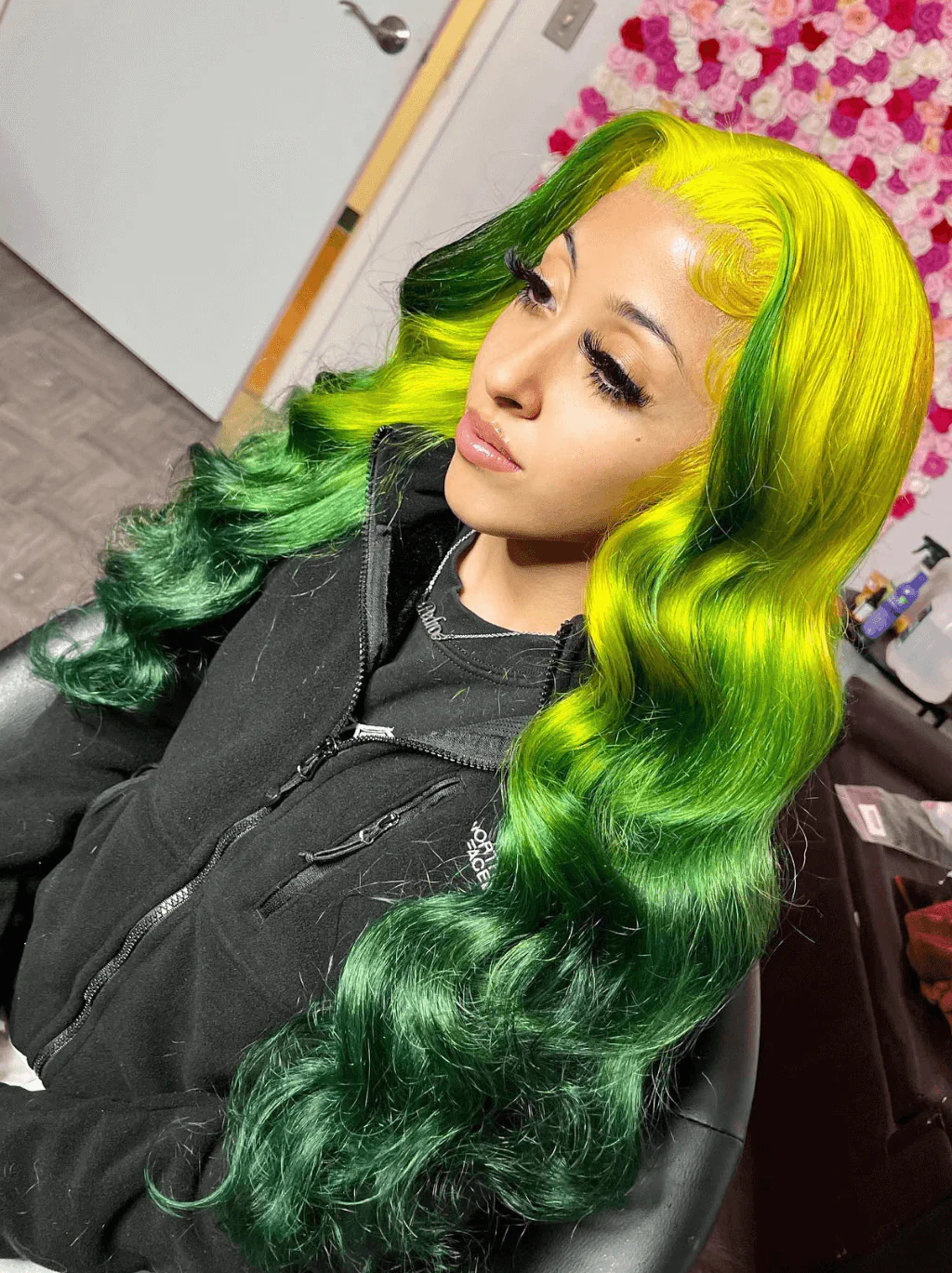 Dorsanee Emerald Green Skunk Stripe Yellow Body Wave Lace Front Human Hair Wigs - Image 2