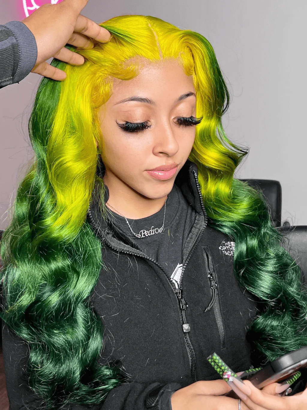 Dorsanee Emerald Green Skunk Stripe Yellow Body Wave Lace Front Human Hair Wigs - Image 3