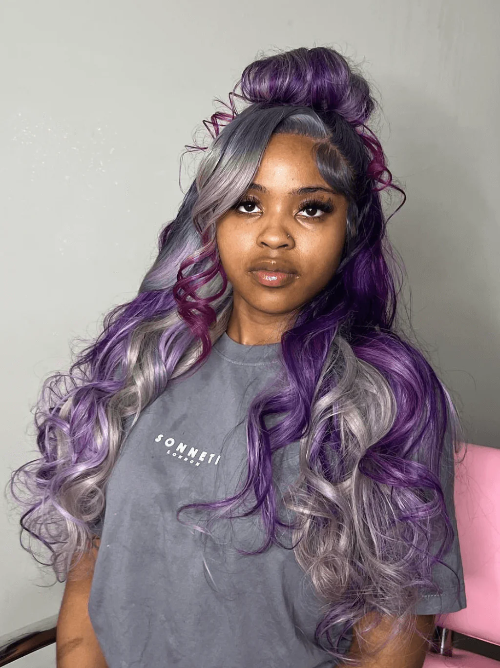 Dorsanee Gray Purple Highlight Streaks Body Wave 13x4 Lace Front Human Hair Wig - Image 2