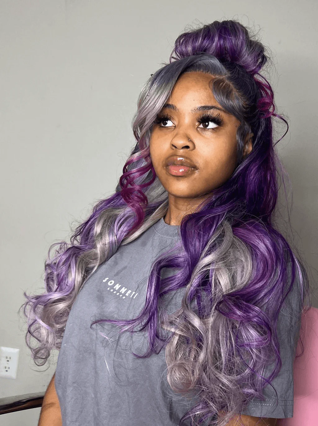 Dorsanee Gray Purple Highlight Streaks Body Wave 13x4 Lace Front Human Hair Wig - Image 3