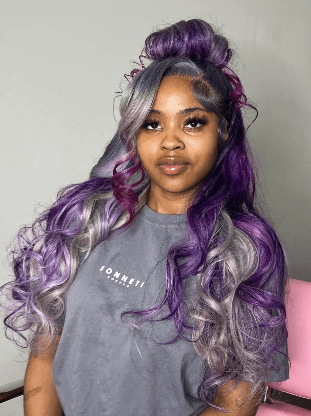 Dorsanee Gray Purple Highlight Streaks Body Wave 13x4 Lace Front Human Hair Wig - Image 4