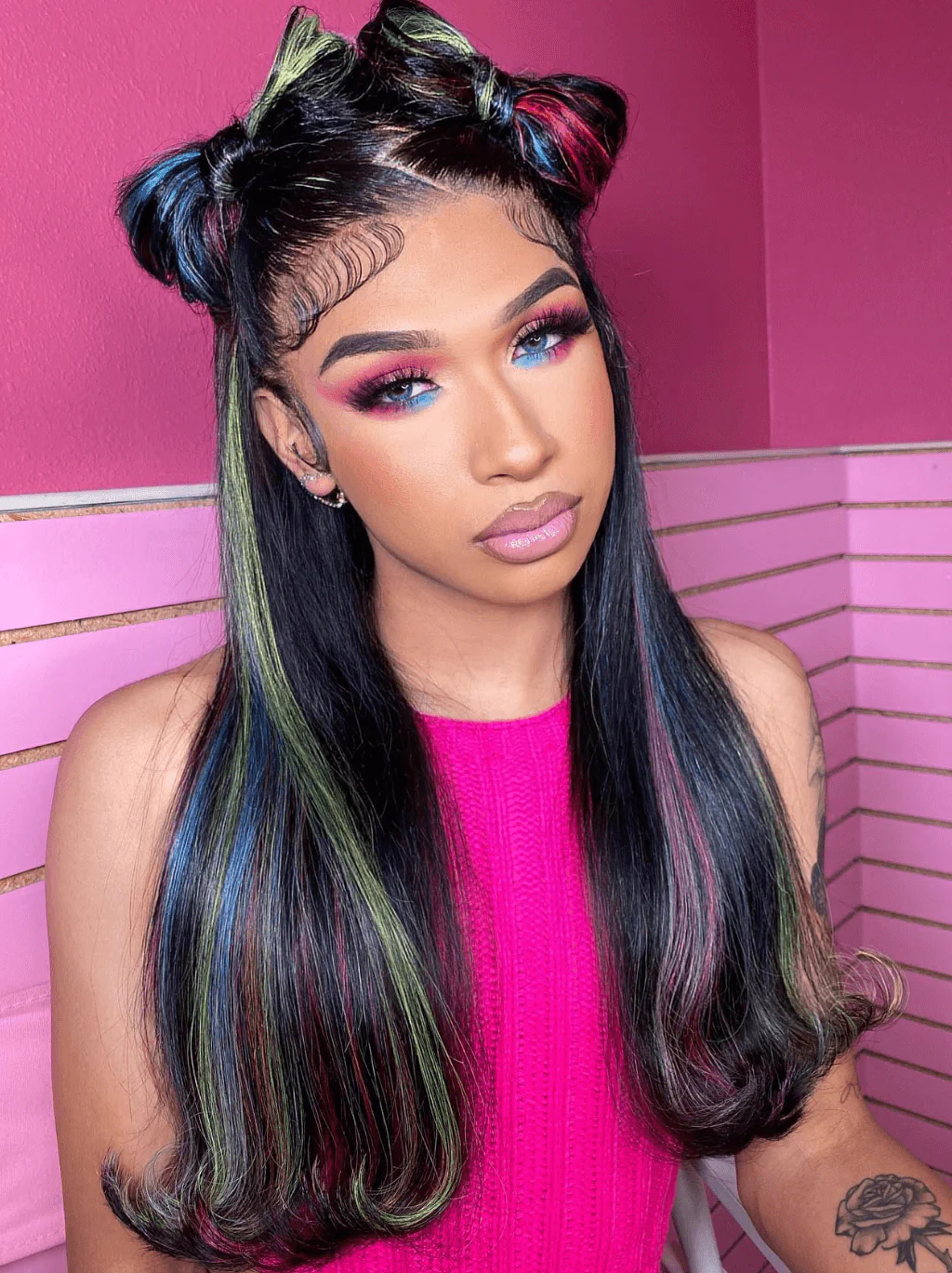 Dorsanee Green Blue Purple Red Yellow Highlights Bone Straight Human Hair Wigs - Image 2