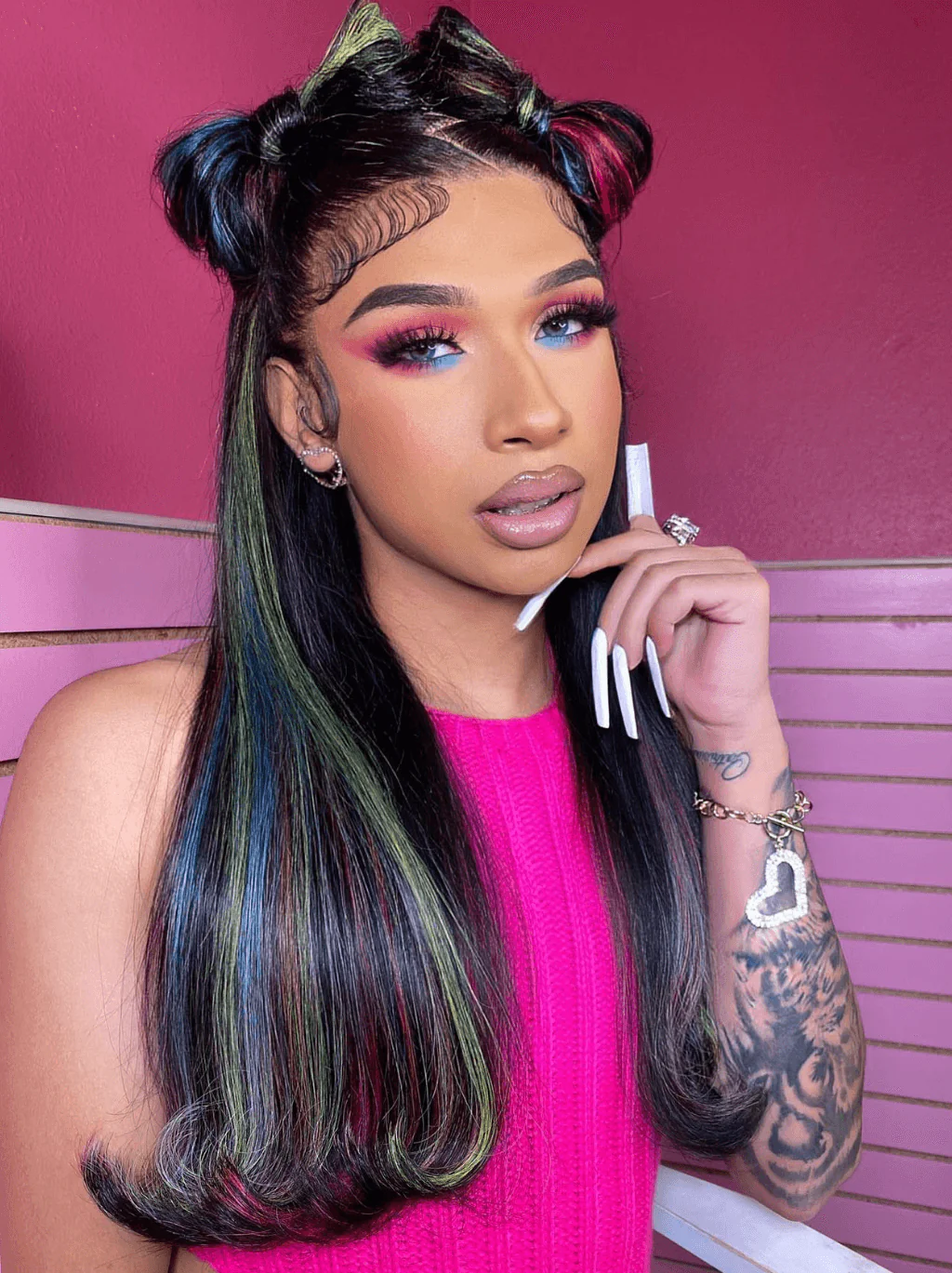 Dorsanee Green Blue Purple Red Yellow Highlights Bone Straight Human Hair Wigs - Image 3