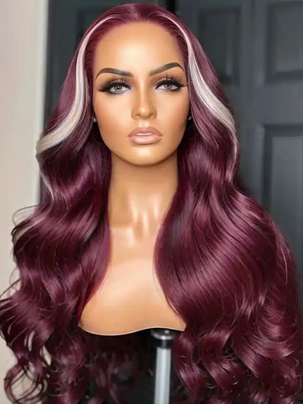 Dorsanee 13x4 Lace Frontal Skunk Stripe Wig #613/99J Burgundy Color Highlight Body Wave Wig - Image 6