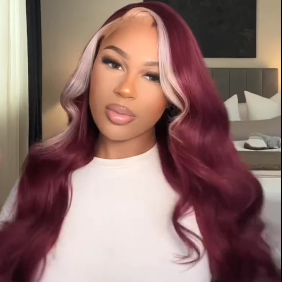 Dorsanee 13x4 Lace Frontal Skunk Stripe Wig #613/99J Burgundy Color Highlight Body Wave Wig - Image 7
