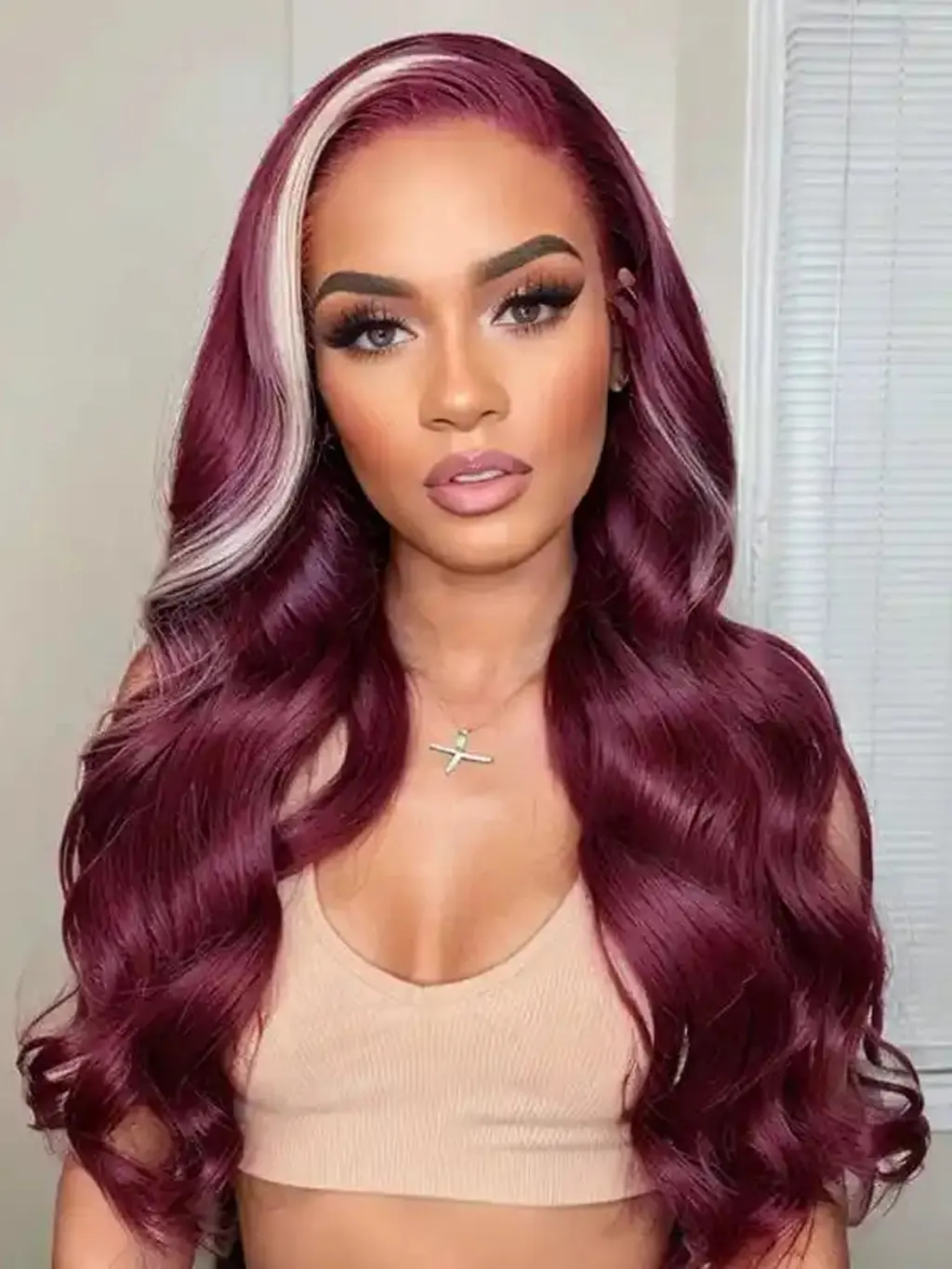 Dorsanee 13x4 Lace Frontal Skunk Stripe Wig #613/99J Burgundy Color Highlight Body Wave Wig - Image 8
