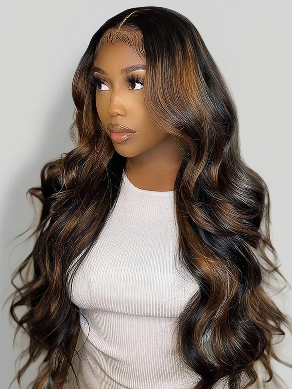 Dorsanee Balayage Brown Highlight Colored  Body Wave Wig 13x4 Lace Front Human Hair Wigs - Image 3
