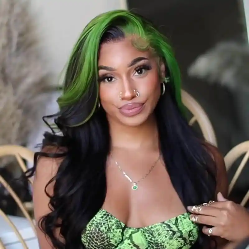 Dorsanee Skunk Stripe Green Black Highlights 13x4 Lace Front Body Wave Human Hair Wigs - Image 3