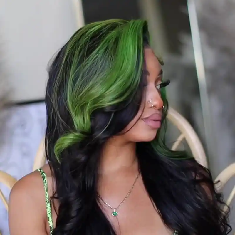 Dorsanee Skunk Stripe Green Black Highlights 13x4 Lace Front Body Wave Human Hair Wigs - Image 5