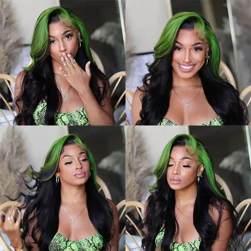 Dorsanee Skunk Stripe Green Black Highlights 13x4 Lace Front Body Wave Human Hair Wigs - Image 6