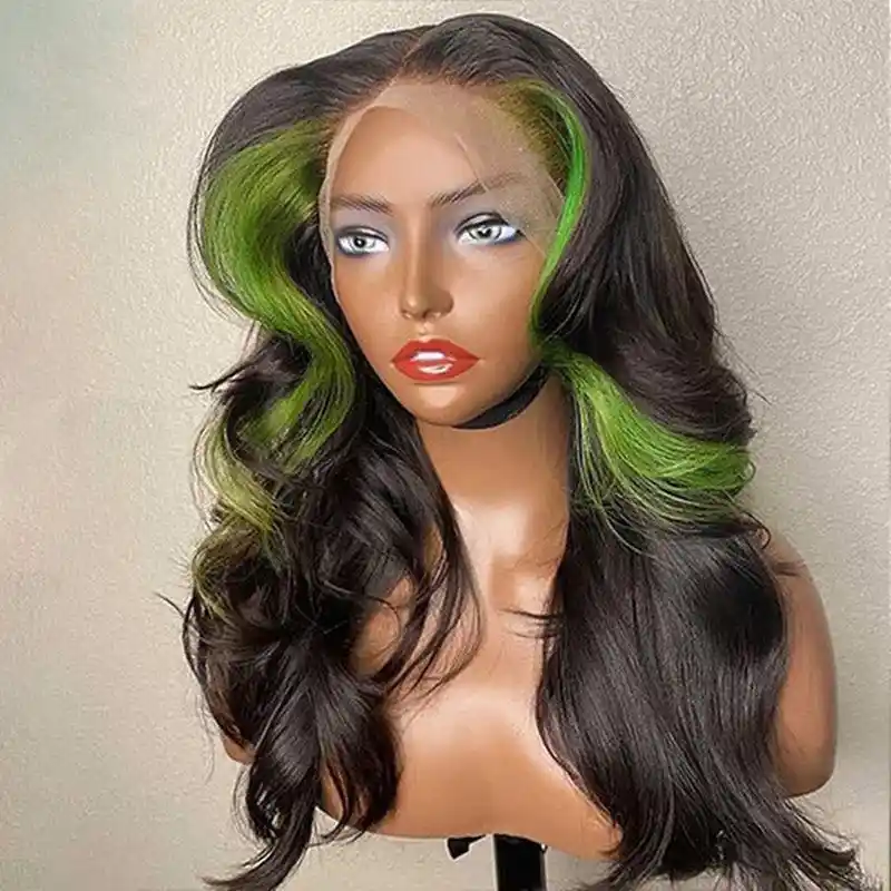 Dorsanee Skunk Stripe Green Black Highlights 13x4 Lace Front Body Wave Human Hair Wigs - Image 7