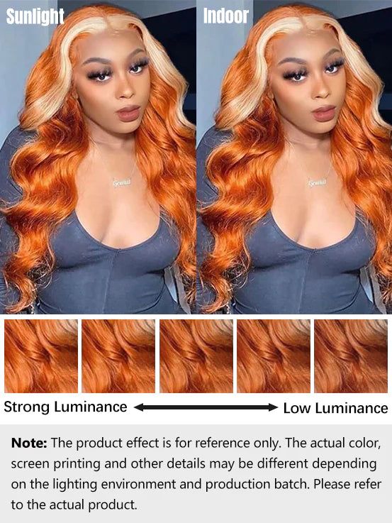 Dorsanee Ginger Orange Blonde Skunk Stripe 13x4 Body Wave HD Transparent Lace Front Human Hair Wig - Image 10