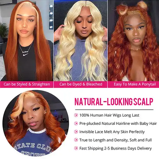 Dorsanee Ginger Orange Blonde Skunk Stripe 13x4 Body Wave HD Transparent Lace Front Human Hair Wig - Image 11