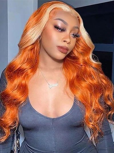 Dorsanee Ginger Orange Blonde Skunk Stripe 13x4 Body Wave HD Transparent Lace Front Human Hair Wig - Image 3