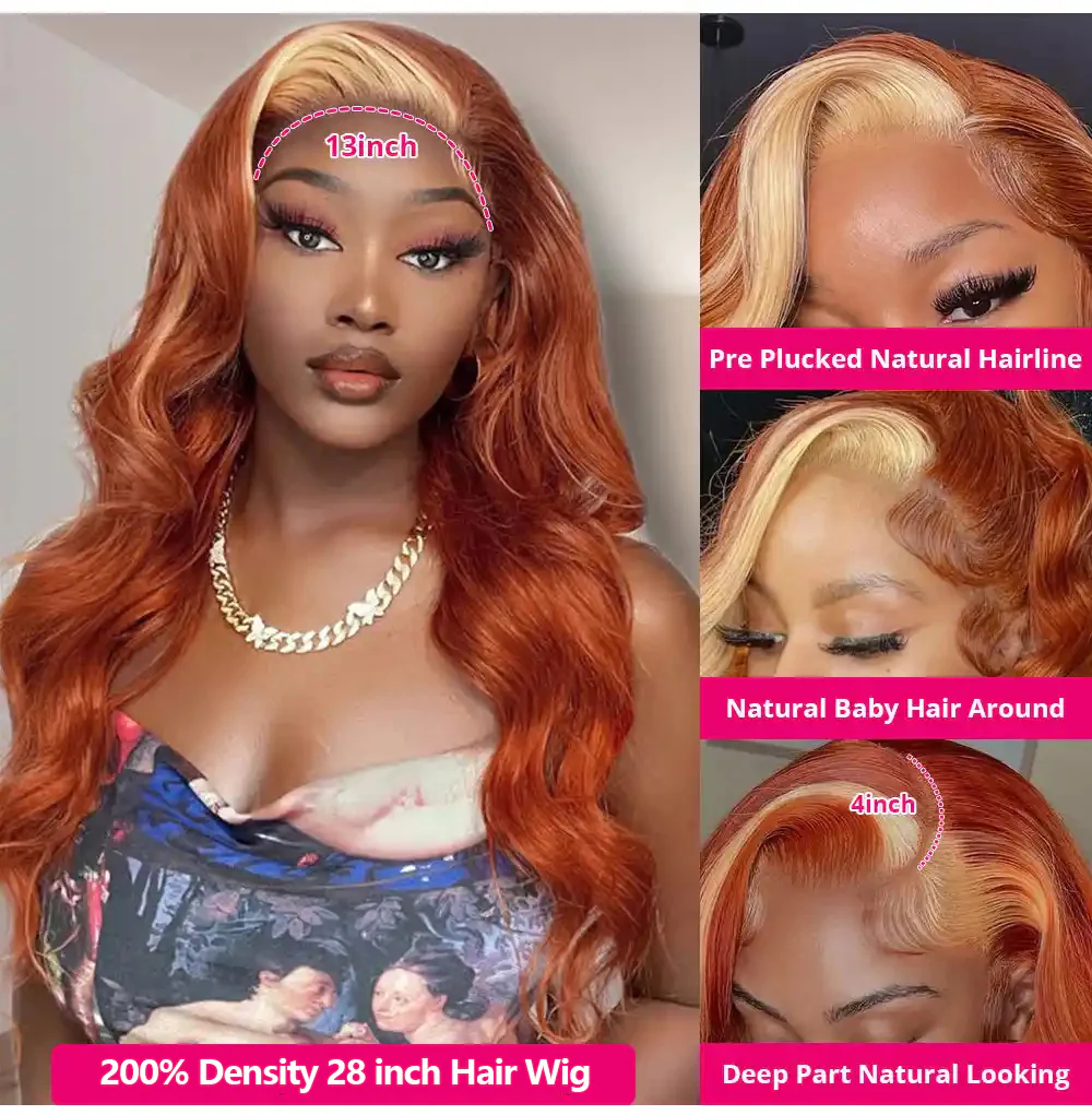 Dorsanee Ginger Orange Blonde Skunk Stripe 13x4 Body Wave HD Transparent Lace Front Human Hair Wig - Image 4