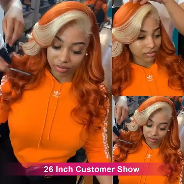 Dorsanee Ginger Orange Blonde Skunk Stripe 13x4 Body Wave HD Transparent Lace Front Human Hair Wig - Image 5