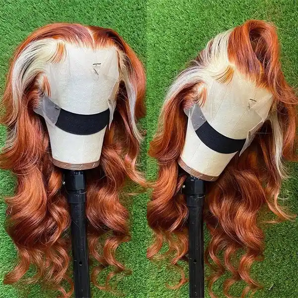 Dorsanee Ginger Orange Blonde Skunk Stripe 13x4 Body Wave HD Transparent Lace Front Human Hair Wig - Image 6
