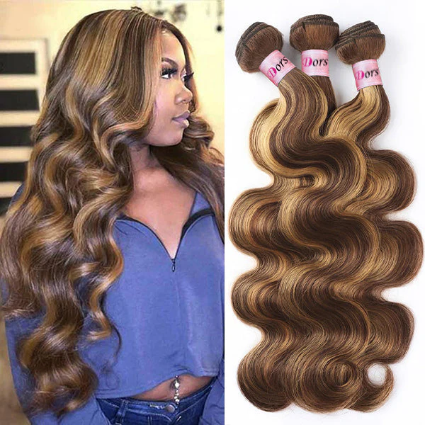 Dorsanee Honey Blonde Brown Highlight Human Hair 3 Bundles with 5x5 Closure P4/27 Body Wave Bundles with Closure - Image 3
