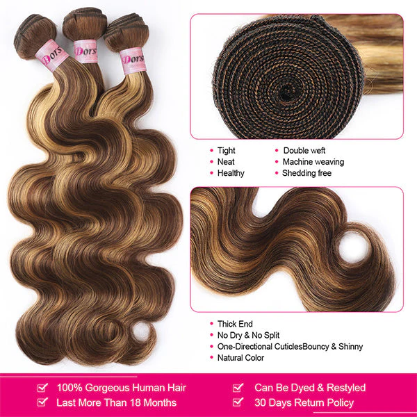 Dorsanee Honey Blonde Brown Highlight Human Hair 3 Bundles with 5x5 Closure P4/27 Body Wave Bundles with Closure - Image 6