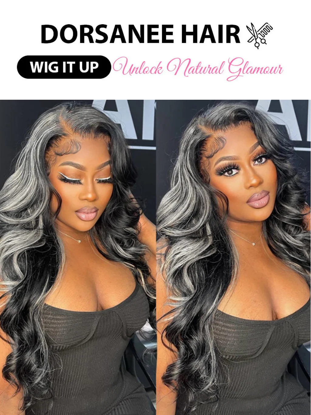Dorsanee Salt and Pepper Balayage Grey Highlights 13x4 HD Lace Frontal Body Wave Human Hair Wig - Image 4