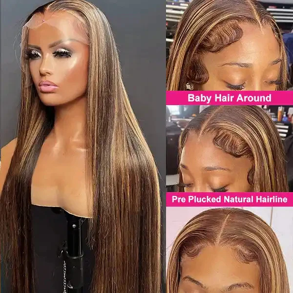 Dorsanee P4/27 Honey Blonde Brown Highlights Straight 5x5 HD Lace Closure Human Hair Wig - Image 3