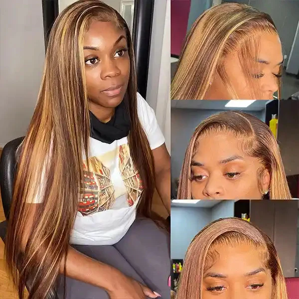 Dorsanee P4/27 Honey Blonde Brown Highlights Straight 5x5 HD Lace Closure Human Hair Wig - Image 4