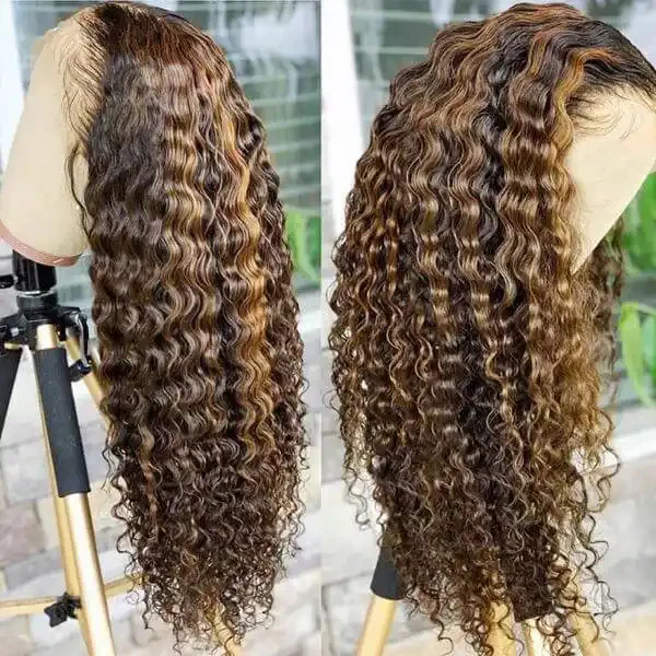 Dorsanee P4/27 Honey Blonde Highlights Deep Wave Curly Hair 4x4 Lace Closure Human Hair Wigs - Image 3
