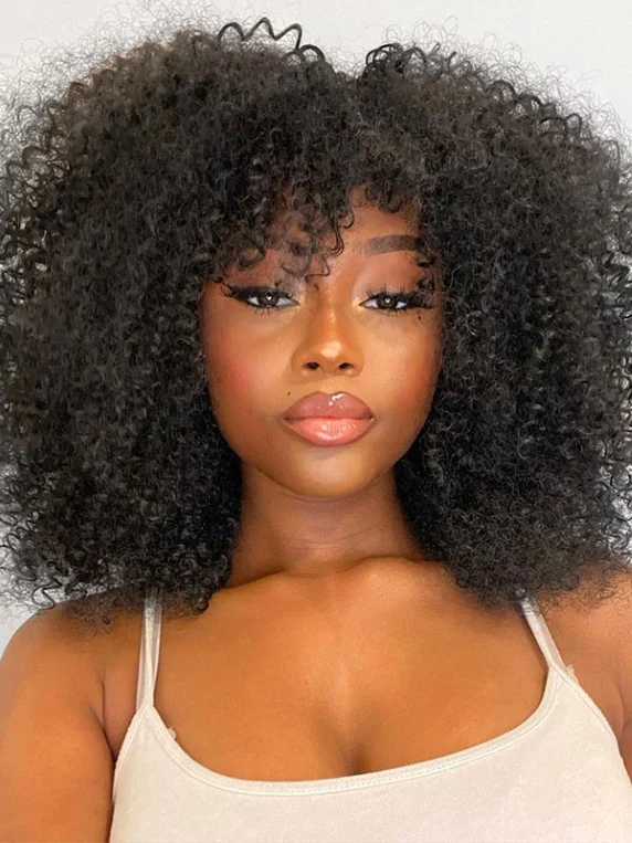 Dorsanee Kinky Curly Machine Made Human Hair Wigs With Bangs - Image 3