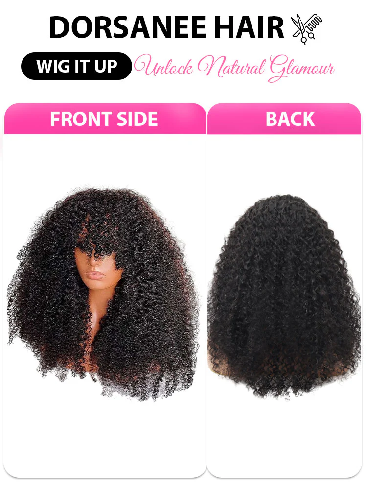 Dorsanee Kinky Curly Machine Made Human Hair Wigs With Bangs - Image 6