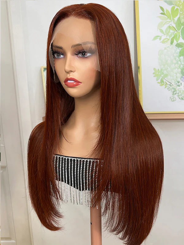 Dorsanee Chocolate Reddish Brown Bone Straight Layered Cut 13x4 Lace Front Human Hair Wigs - Image 3