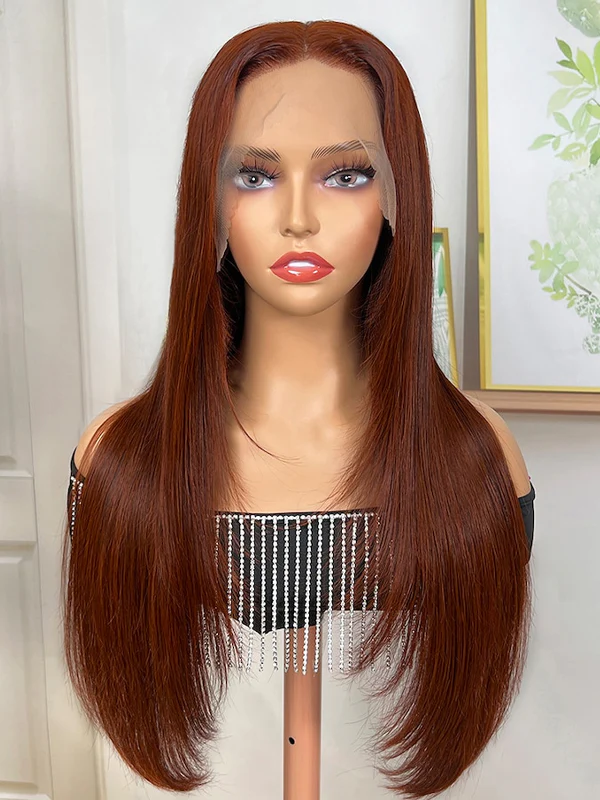 Dorsanee Chocolate Reddish Brown Bone Straight Layered Cut 13x4 Lace Front Human Hair Wigs - Image 4