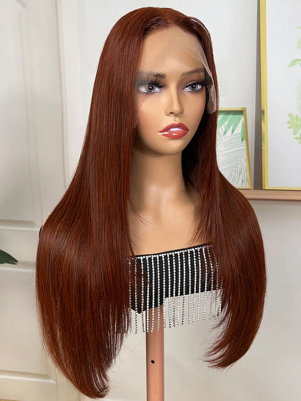 Dorsanee Chocolate Reddish Brown Bone Straight Layered Cut 13x4 Lace Front Human Hair Wigs - Image 5