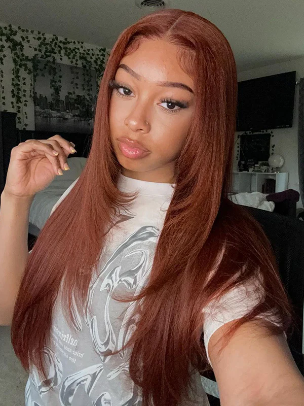 Dorsanee Chocolate Reddish Brown Bone Straight Layered Cut 13x4 Lace Front Human Hair Wigs - Image 6