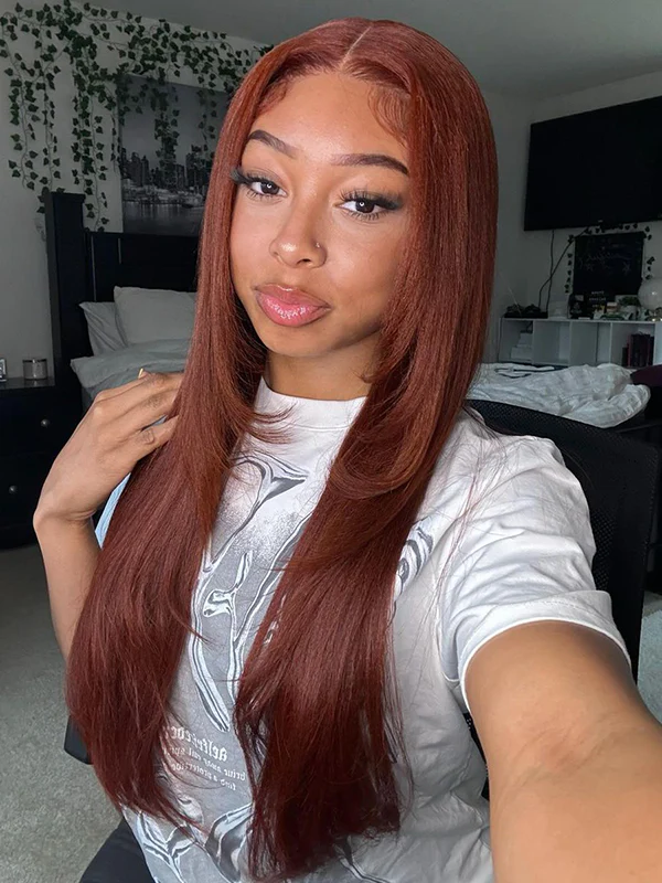 Dorsanee Chocolate Reddish Brown Bone Straight Layered Cut 13x4 Lace Front Human Hair Wigs - Image 7