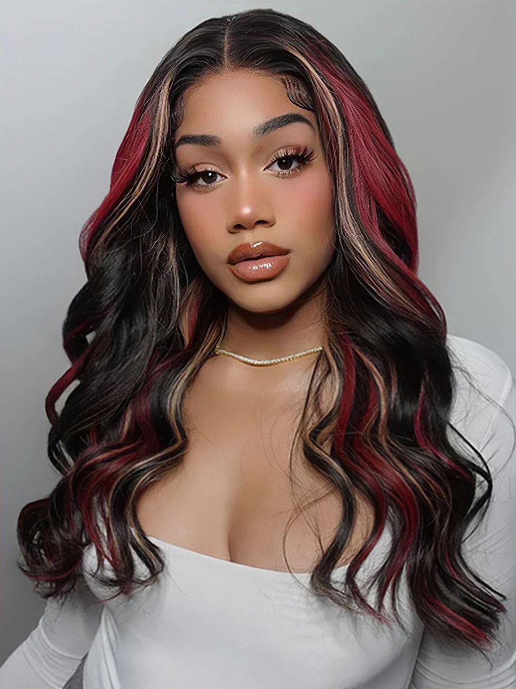 Dorsanee Multi Color Highlight Black With Blonde Red Streaks Wigs Body Wave 13x4 Lace Front Wigs - Image 5