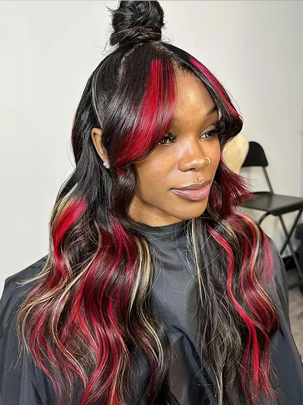 Dorsanee Multi Color Highlight Black With Blonde Red Streaks Wigs Body Wave 13x4 Lace Front Wigs - Image 6