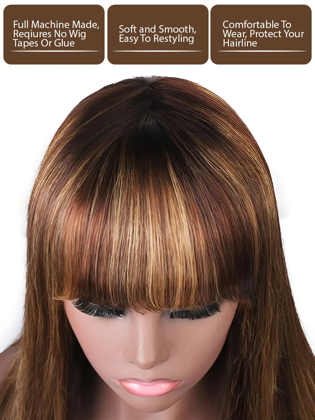 Honey Blonde Brown Highlight #P4/27 Straight Hair With Bangs Glueless Beginner Friendly Human Hair Wigs - Image 5
