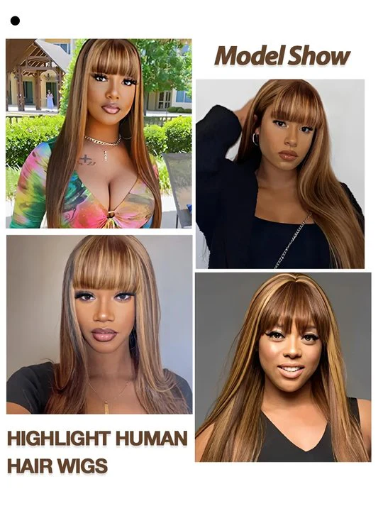 Honey Blonde Brown Highlight #P4/27 Straight Hair With Bangs Glueless Beginner Friendly Human Hair Wigs - Image 6