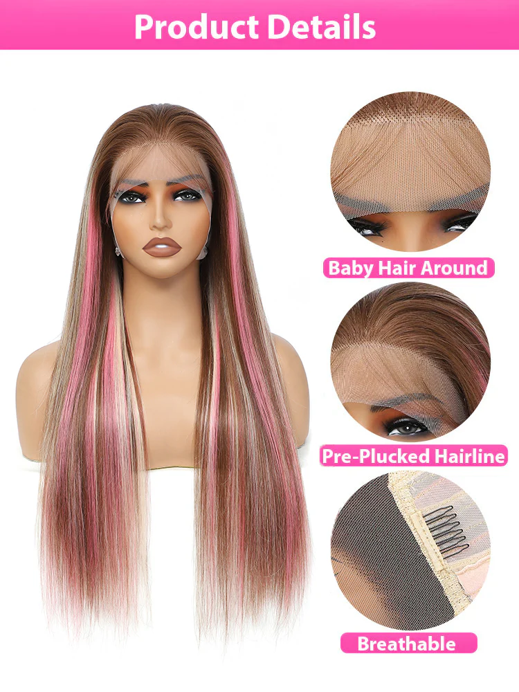 Dorsanee 200 Density Pink Blonde Brown Highlights 13x4 Lace Front Body Wave Hair Wig - Image 9